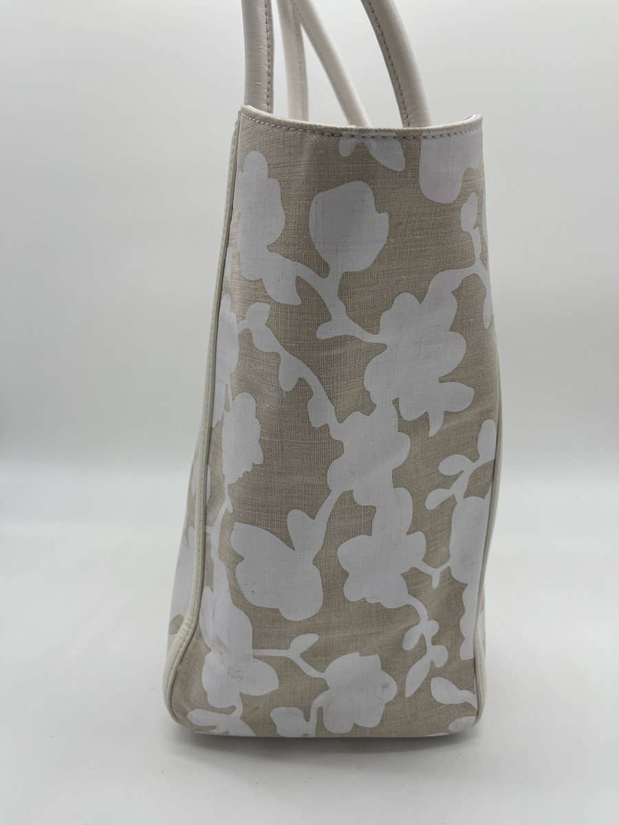 KATE SPADE Caroline Lane Forster Linen Tote White Leather Large Purse Floral View 3