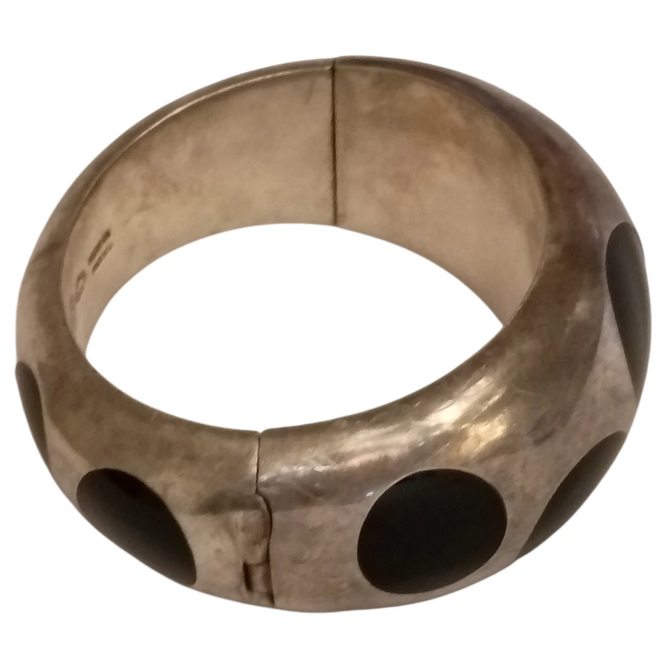 124.9gr!Ballesteros Taxco Mexico Mod Sterling Obsidian Polka Dot Bangle Bracelet - image 2 of 4
