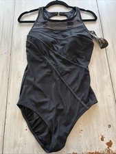 NWT Vtg Robby Len Black One Piece Swimsuit Mesh Neckline Sz 16