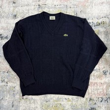 Vintage Lacoste V-Neck Sweater Navy Blue Textured Knit Crocodile Logo Size 4