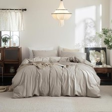 Beige Gray Cotton Duvet Cover with Zipper Closure Boho Bedding Set Full Size