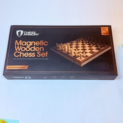 New Chess Armory Magnetic 15'' Wooden Chess Set   Maple & Walnut Board   Felt