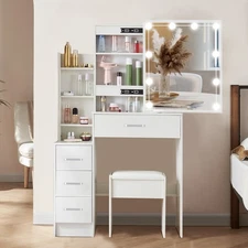 Vanity Desk Makeup Dressing Table Set w/ Drawers Sliding Mirror and LED Lights