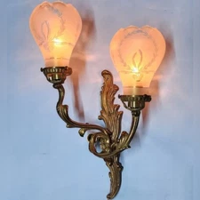 Brass Art Nouveau Wall Sconces with Frosted Glass Shades - Antique Ship Light