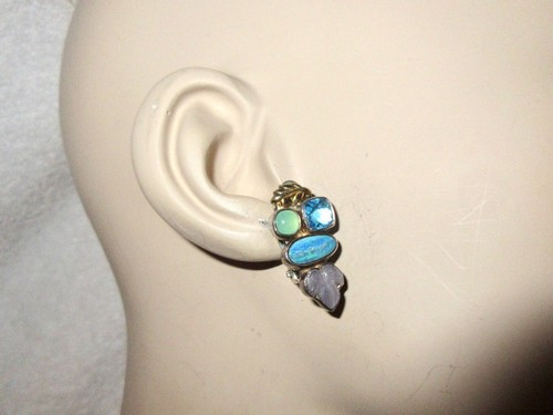 Amy Kahn Russell Sterling Silver Clip Earrings Opal Topaz Jade Vintage --Superb! - Picture 16 of 18