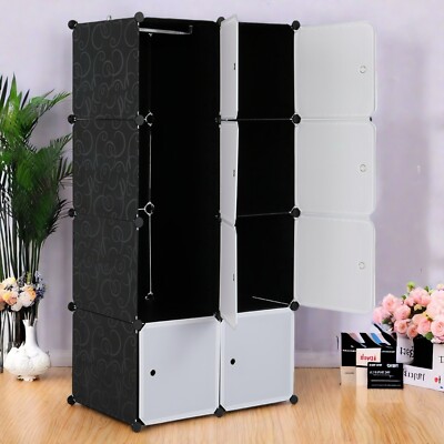 8-Cube Modular Wardrobe Storage 4-Tier - Stackable, Door, Plastic, Rod & Black