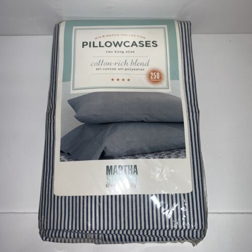 Martha Stewart Everyday 2 King Size Pillowcases 250 Thread Count Blue Stripe - Picture 1 of 2