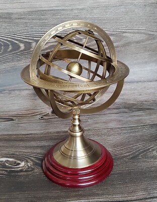 Antique Brass Armillary Sphere with Wooden Base, Home & Office Decor Gift