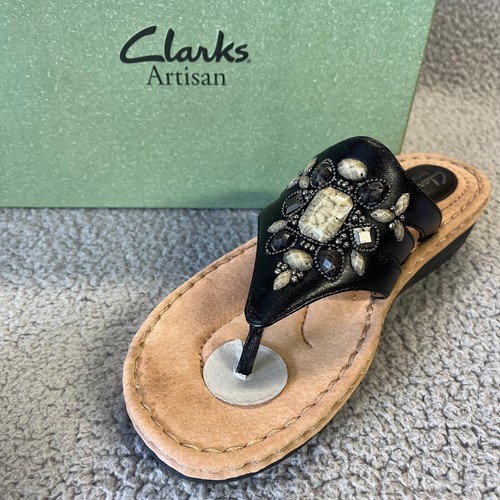 Clarks Amaya Yarrow Thong Leather Sandals Womens 9M Black Slip On Boho