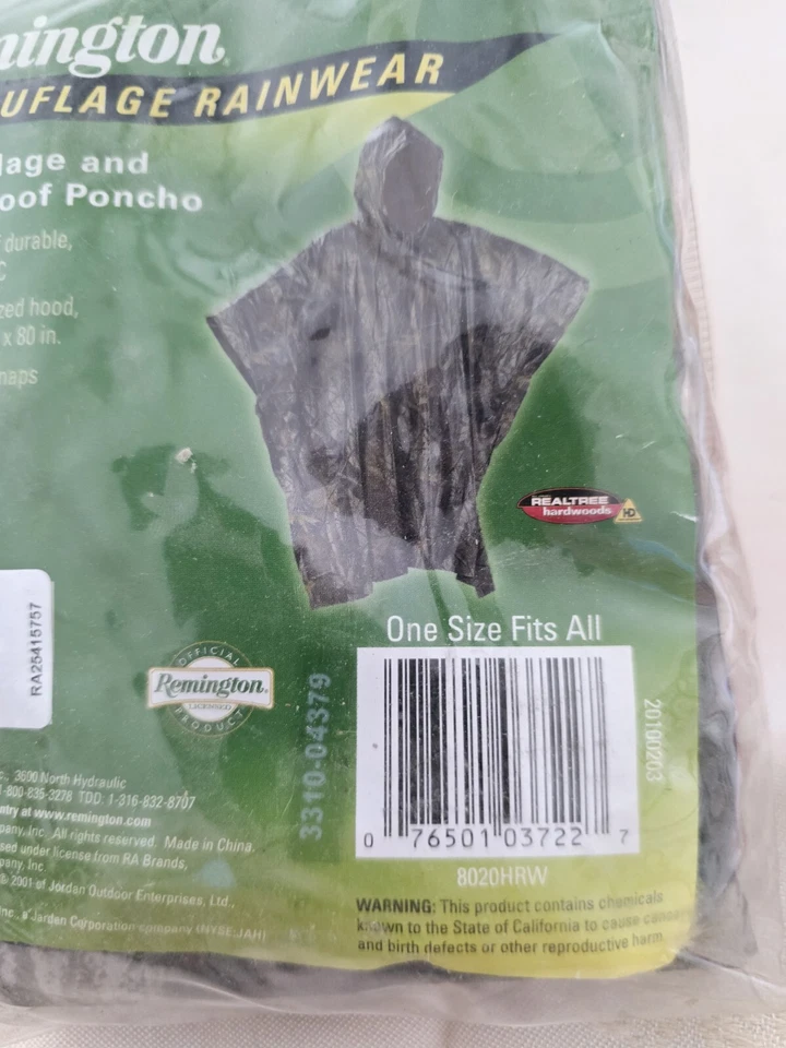 Remington Poncho Camouflage Rainwear PVC One Size Fits All Realtree - Image 3 of 4