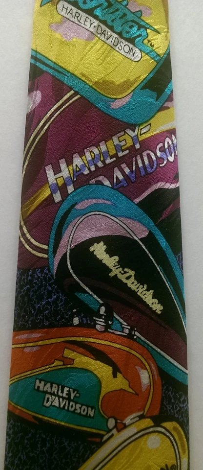 Corbata de seda deportiva vintage Harley Davidson "tanques" colorida motocicleta años noventa Foto 3 de 4