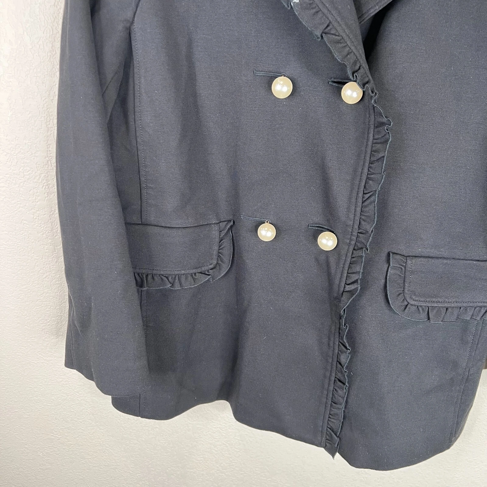 Giacca cappotto donna Kate Spade Broome Street taglia 4 nero volant bottoni perlati ponte