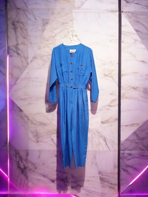 Vintage 80s Saks Fifth Ave 100% Silk Blue Pant JumpSuit Womans Small Retro