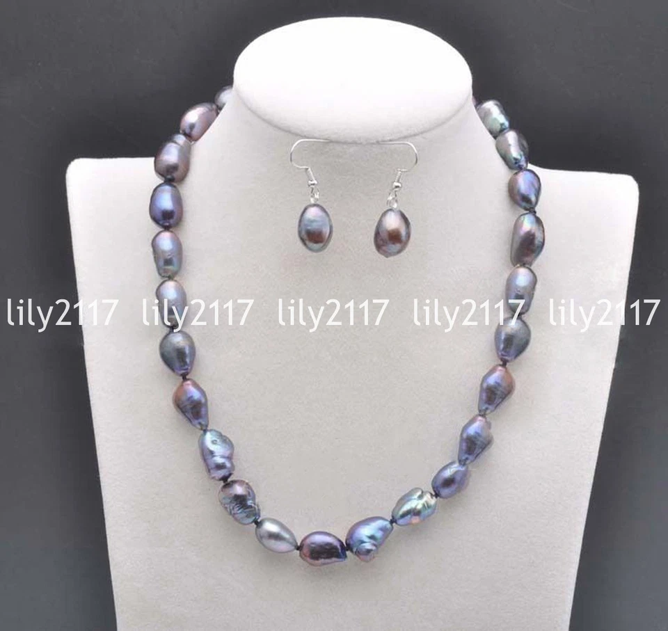 Natural 9-10mm South Sea Multi-color Baroque Pearl Necklace Earrings Set 18'' AA - Image 2 of 4