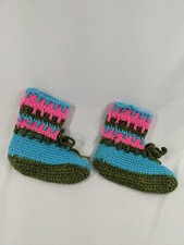 Vintage Handmade 70s crochet knit house slippers socks Booties Bright Retro 8"