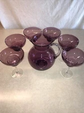 Vintage Amethyst Glass Pitcher and 6 footed Glasses, Made in POLAND Purple Large