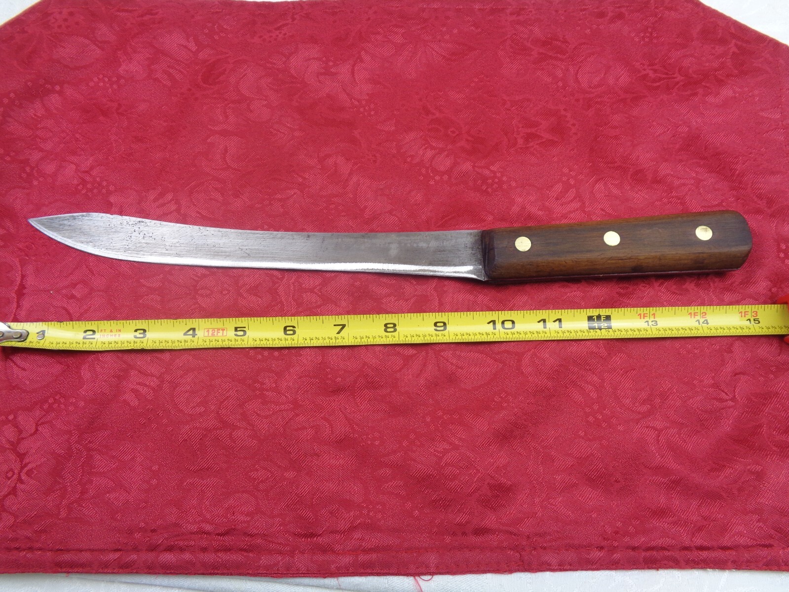 Vintage 15" Long 10" Curved Blade Chef's Butcher's Brass Rivets Knife