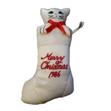 Fancy Feast 1986 Cat Christmas Ornament White Satin Stocking Dated Collectible
