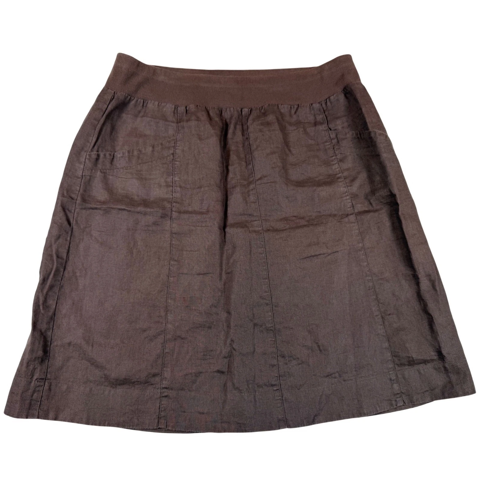 Eileen Fisher A-Line Skirt 100% Linen Pull-On Knee Length Pockets Brown Size M
