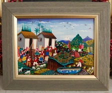 VTG FRAMED PRIMITIVE FOLK ART PAINTING ON SHEEPSKIN TIGUA ECUADOR VILLAGE SCENE