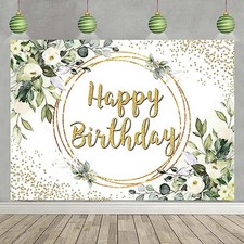 Green Happy Birthday Photography Backdrop Greenery Eucalyptus Leaves Banner