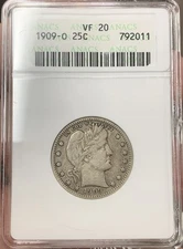 1909-O 25c Barber Silver Quarter ANACS VF20 Soapbox Slab Old Holder Tough Date