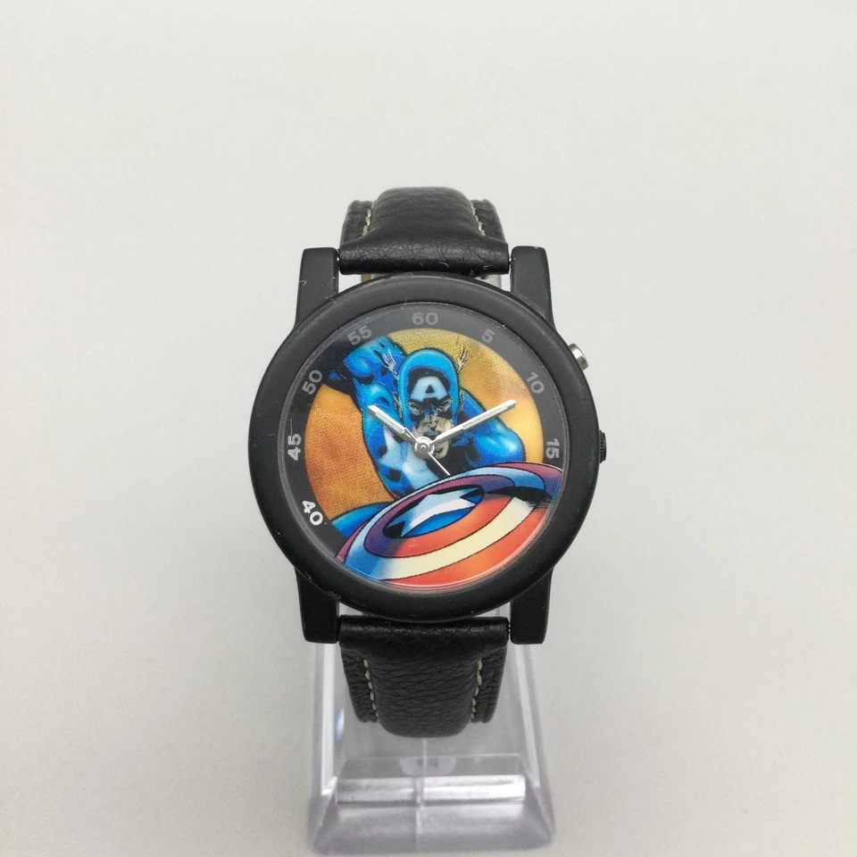 Часы Marvel Captain America 36 мм черный кожаный светящийся циферблат новый аккумулятор - Изображение 2 из 4