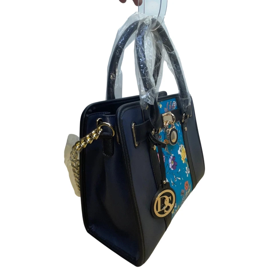 Bolsa tote Dasein azul marinho floral couro sintético com carteira combinando - Imagem 4 de 4