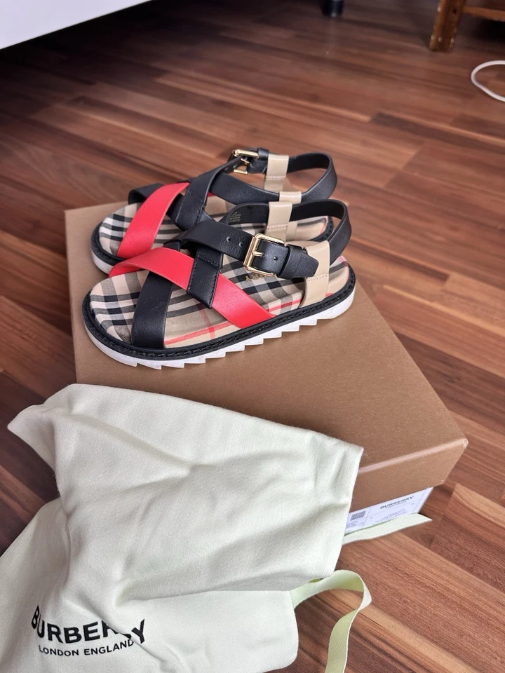 Burberry Kids Eu28 Us 10.5 Black And Red Leather With Crossover Straps With Box - Image 3 of 4