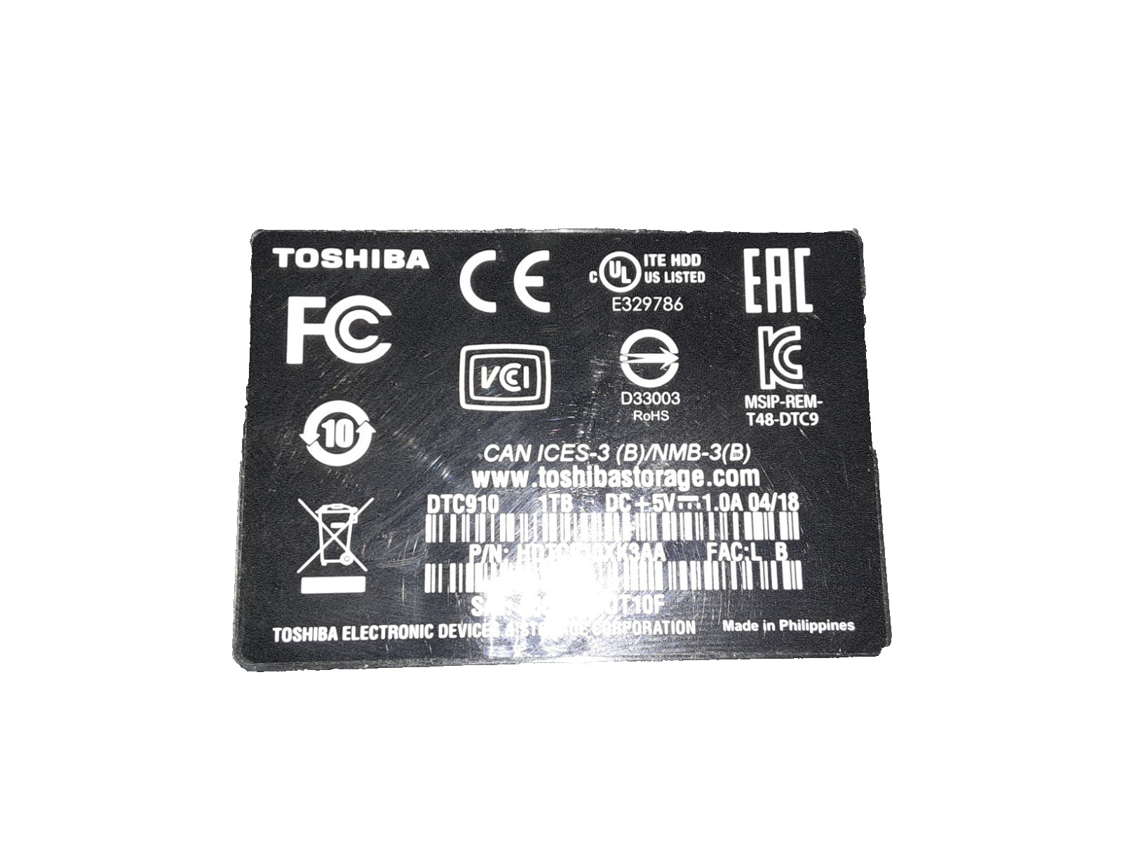 Toshiba DTC910 Canvio Advance 1TB USB 3.0 External Hard Disk Drive - TESTED