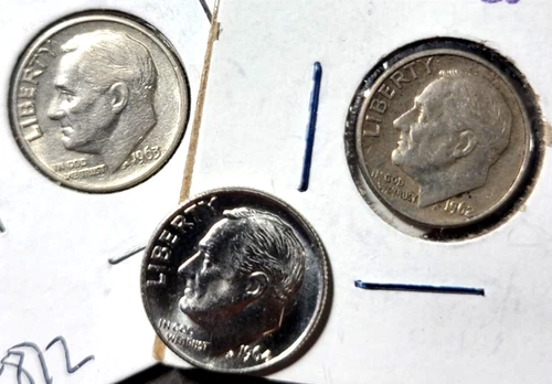 90% Silver - 1962 D 1963 1964 Roosevelt Dimes - 3 Dimes - Last Years of Silver