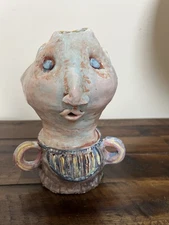 Face Vase Studio Art Pottery hand Made Built Abstract Outsider Folk Art Unique