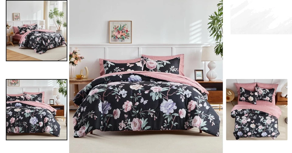 Luxuoso conjunto de edredom de microfibra floral preto e rosa - 90x90 polegadas tamanho queen - Imagem 2 de 4