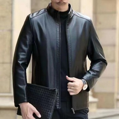 Leather Jacket For Middle-aged Men Leather Clothing With Stand Collar Men Fleece