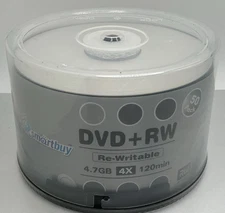 50 Pack Smartbuy Blank DVD+RW 4x 4.7GB Branded Logo Rewritable DVD Media Disc