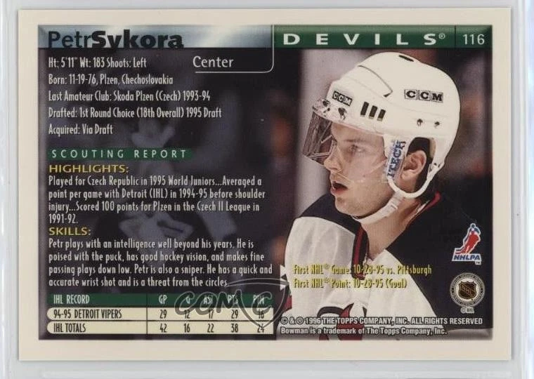 1995-96 Bowman Petr Sykora #116 Rookie RC - Image 2 of 2