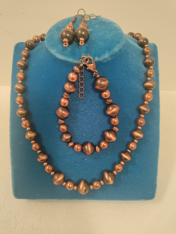 Vintage Copper Beads and Metallic Coated Beads Necklace Set, Earrings, Bracelet