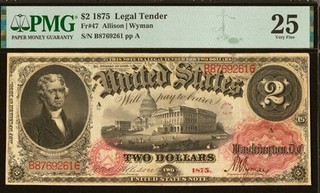 rare large type $2 Series 1875 United States Note Friedberg 47 PMG Very Fine 25