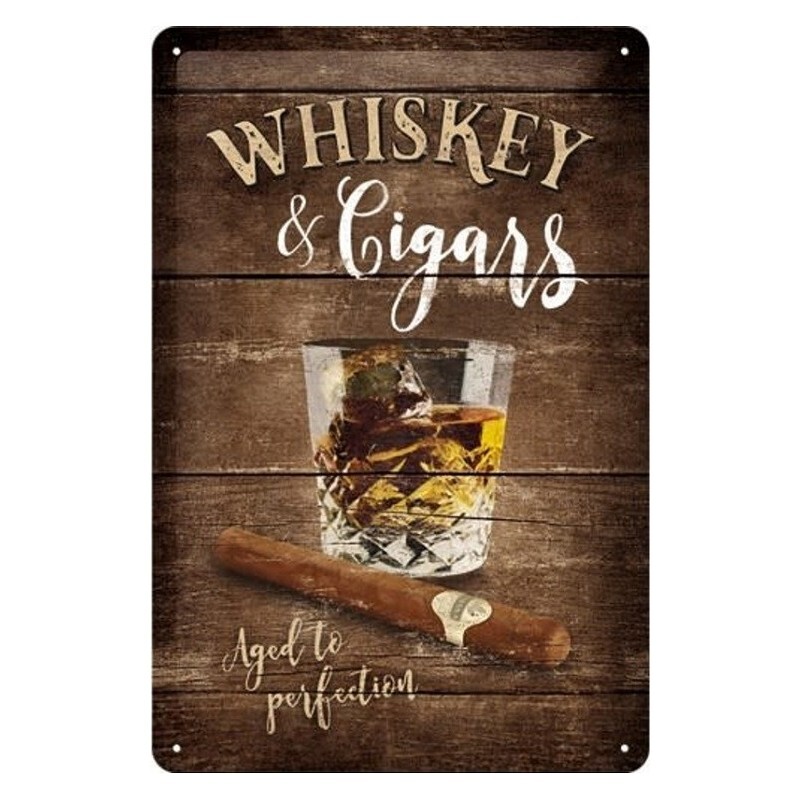 Plaque métal publicitaire 20x30cm Whiskey & Cigars enseigne vintage relief bombée