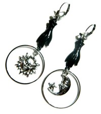 SUN  MOON FACES CELESTIAL EARRINGS black silvertone tarot hand gothic occult L3