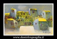 PAESAGGIO CON CASE BORGO ROSATI LUIGI DIPINTO ORIGINALE OLIO  SU CARTA 15X10