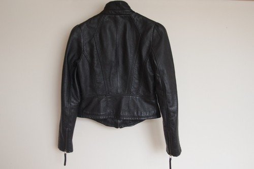 ZARA REAL LAMBSKIN LEATHER BLACK BIKER FITTED JACKET Size S