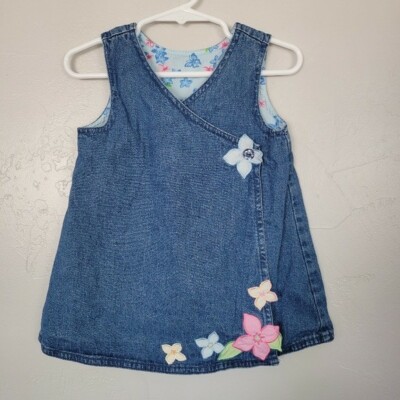 Faded Glory Vintage Baby Girl 18 Months Sleeveless Denim Wrap Dress Flowers 