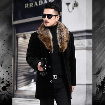 Winter Mens Lapel Collar Mid Long Trench Coat Overcoat Faux Fur Faux Wool Button