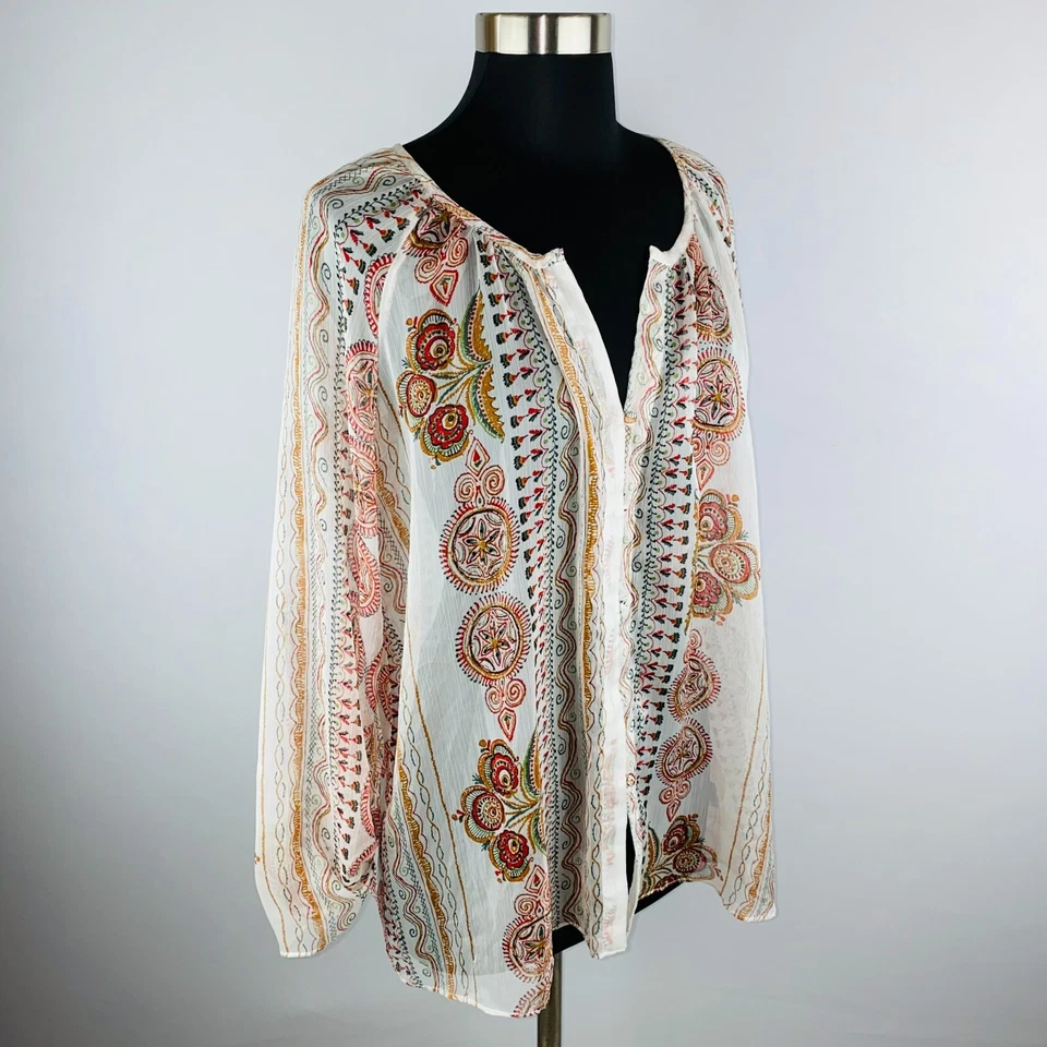 Honey Punch Womens Large L Sheer Polyester Bohemian Print Knotted Sleeves Top - Image 3 of 4