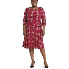 Leota Womens A Line Dress Floral 3/4 Sleeve Scoop Neck Red Geometric Size 2X