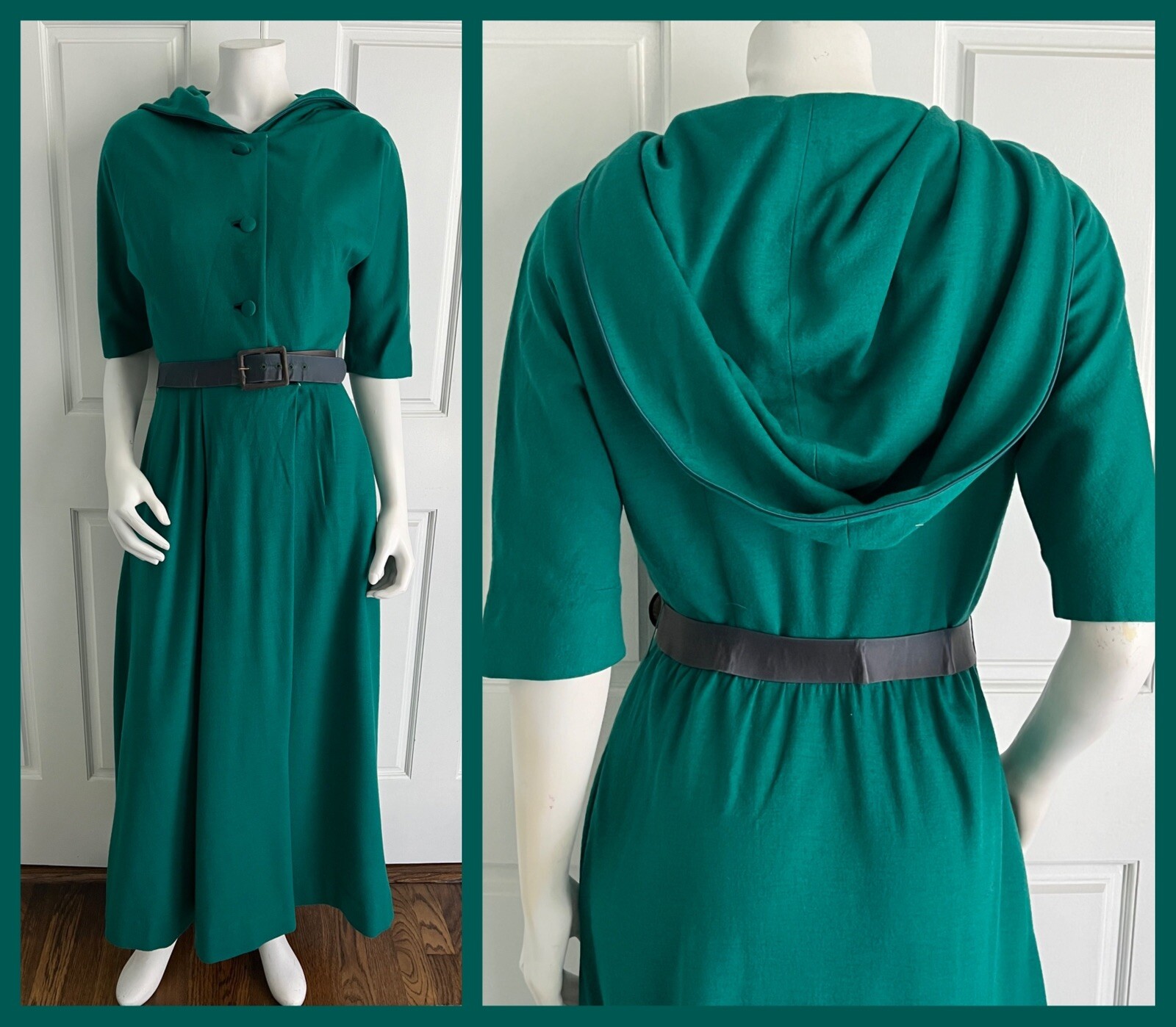 Vintage 1950's Addie Masters California Green Light Wool Hooded Hostess Dress M