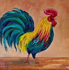 Pintura de gallo obra de arte al óleo original 100 % hecha a mano arte de pájaro por Irene Pandin
