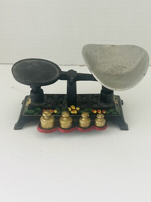 Vtg Miniature Complete Cast Iron Balance Scale With Scoop & Weights Hand Painted