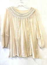 Beige Vintage Look Top Women's Large with Lace Trim Boho by Cal Style USA